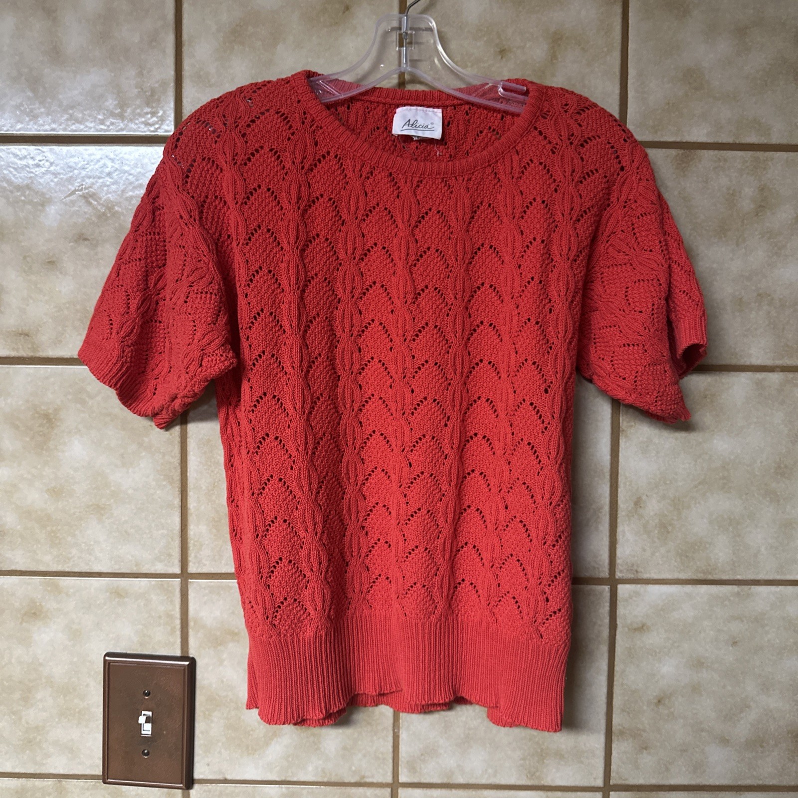 Vintage Alicia Petite Short Sleeve Strawberry Red Cotton Knit Sweater, Sz Sm