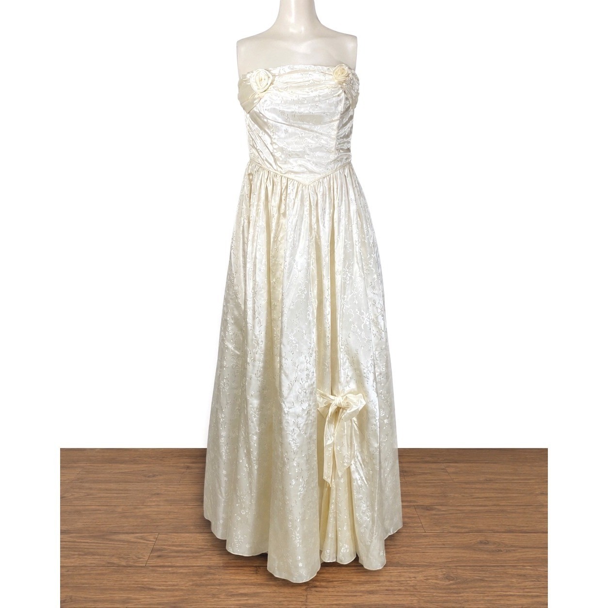 Vintage Candi Jones California Cream Floral Strapless Gown Dress XS 80s Romantic