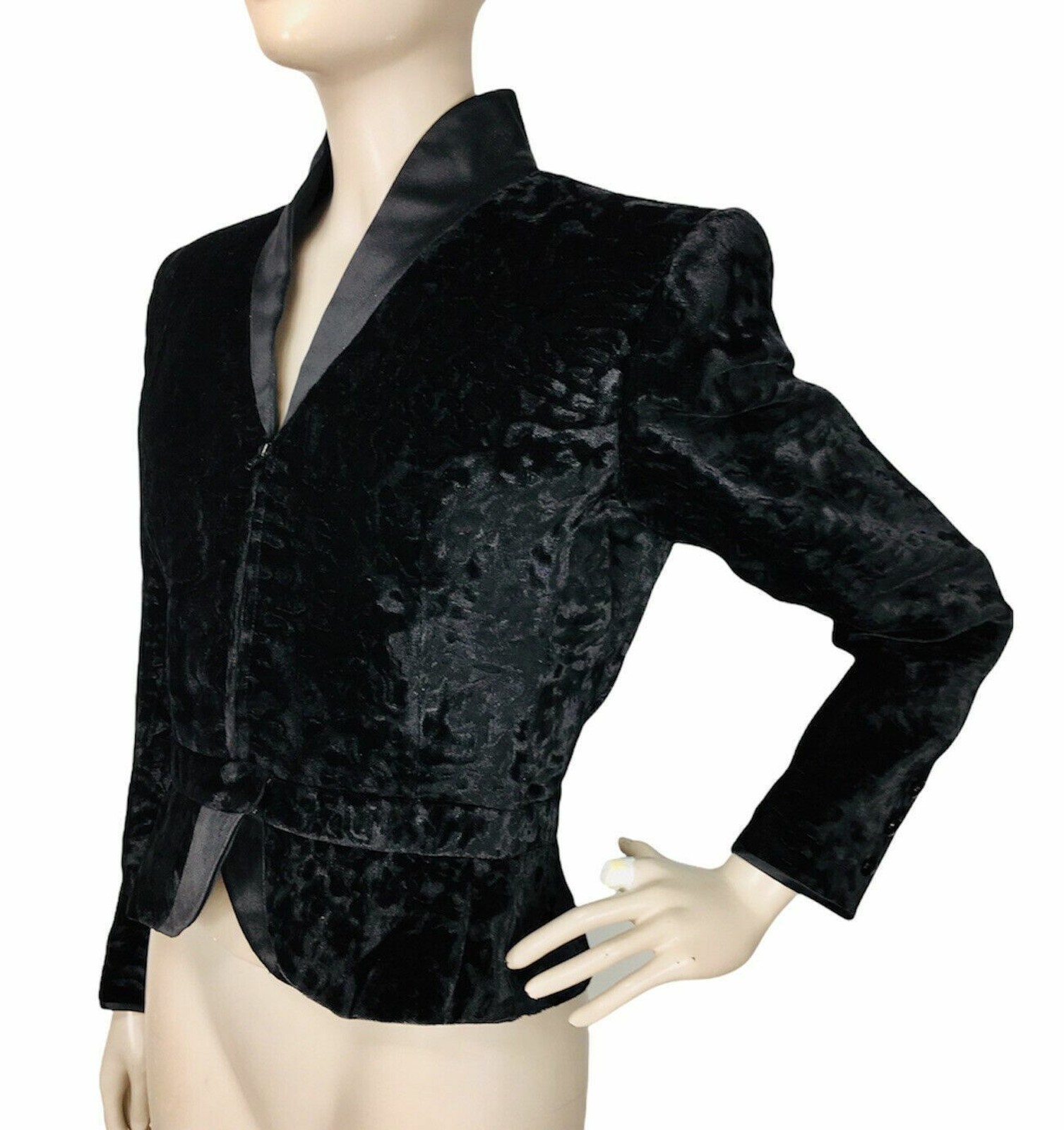 Vintage Black Crushed Velvet Animal Print Satin Trim High Shoulder Peplum Jacket