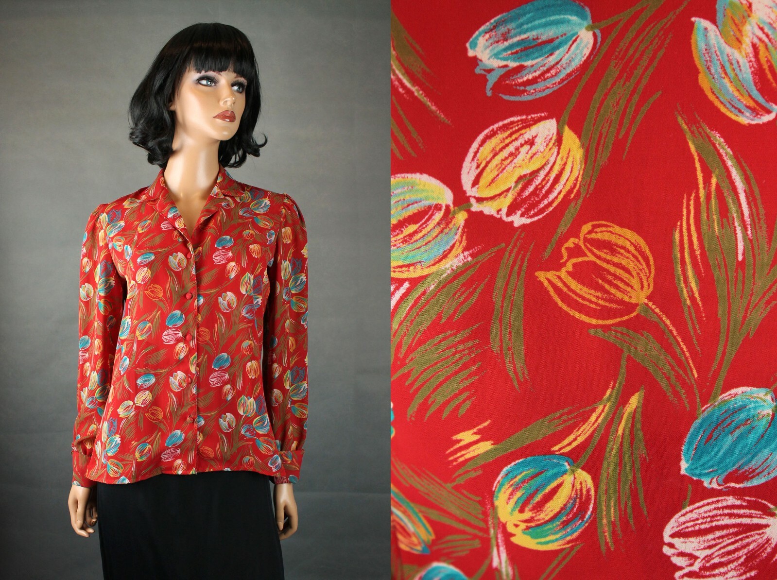 Vintage 80s Blouse 6 S Red Blue Floral Semi Sheer Crepe Long Sleeve Dress Shirt