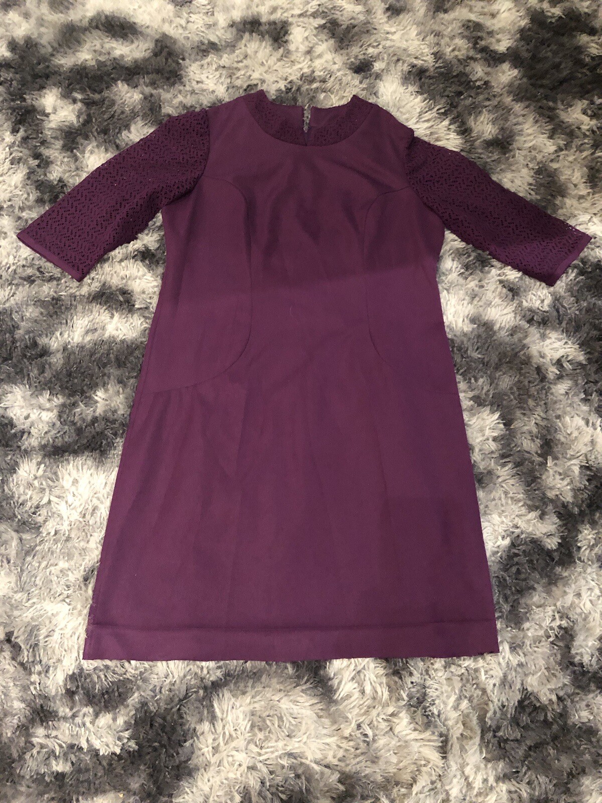 VTG 60s Mynete Polyester Eggplant Purple Mod GoGo Lace Sleeves Mini Dress ~L/XL