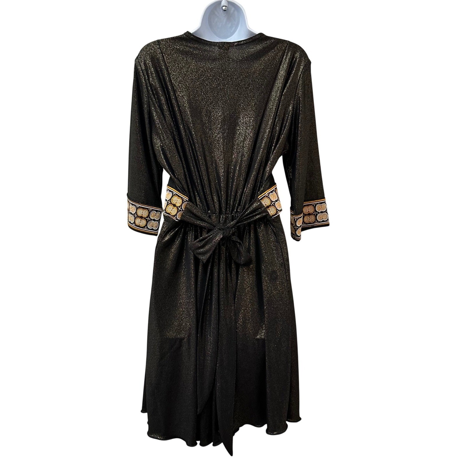 Vintage 90s Black Metallic Gold Embroidered Trim Fit Flare Tie Back Dress L