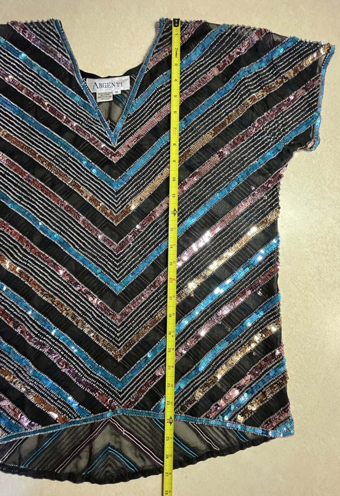 1980s Club Scene Black & Blue & Silver Sequin Silk Blouse by Argenti Size Medium