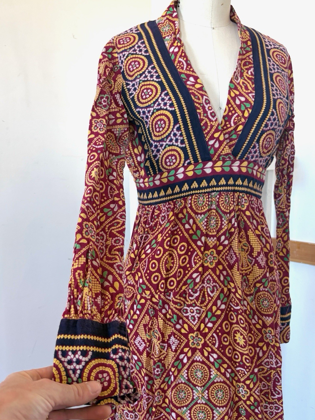 60s 70s Artisan Printed Pakistani Cotton Boho Hippie Empire Waist Maxi Dress XS