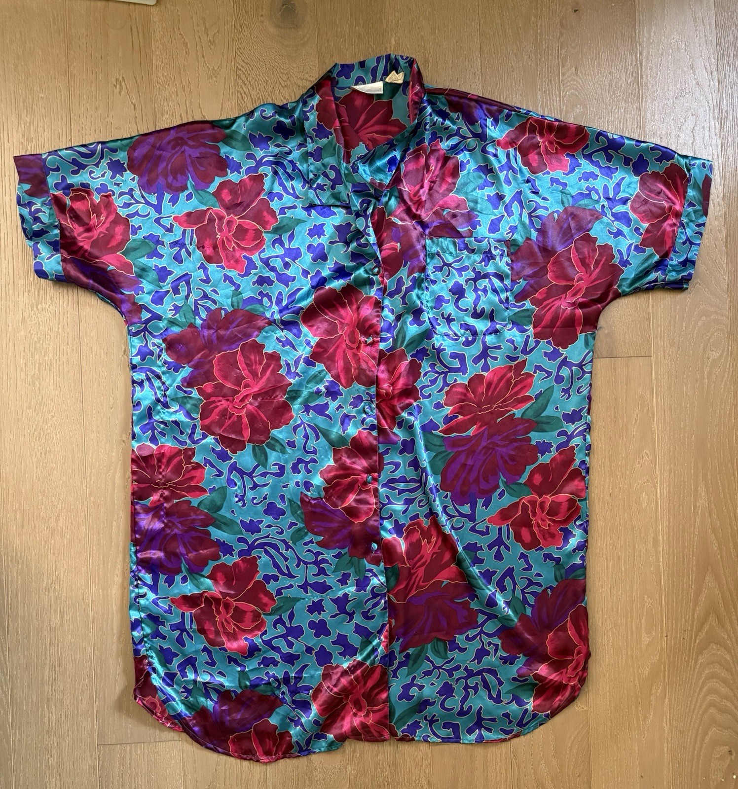 Vintage Intimate Pleasures Floral Satin Robe Lounge 22/24 Teal Pink Button Up