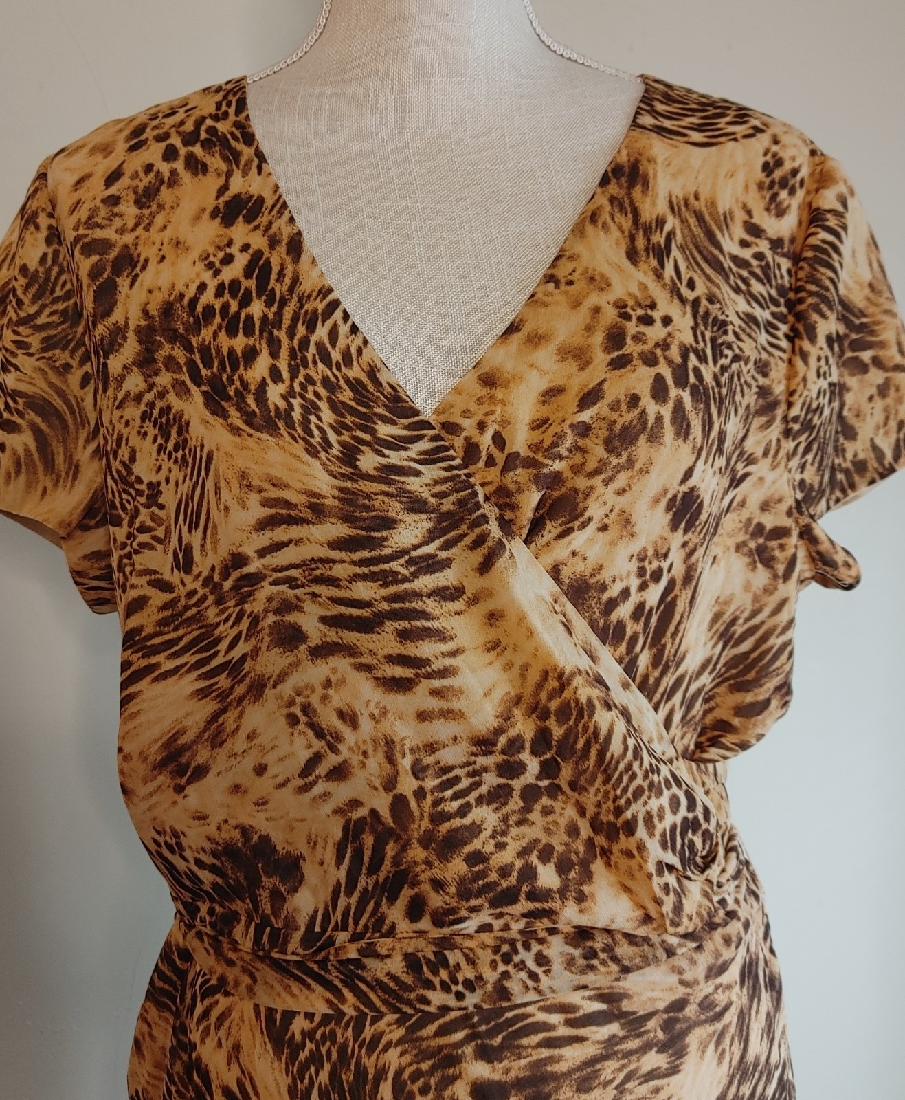 Vintage 90’s Spenser Jeremy 100% Silk Midi Wrap Dress sz 12 Animal Leopard Tiger