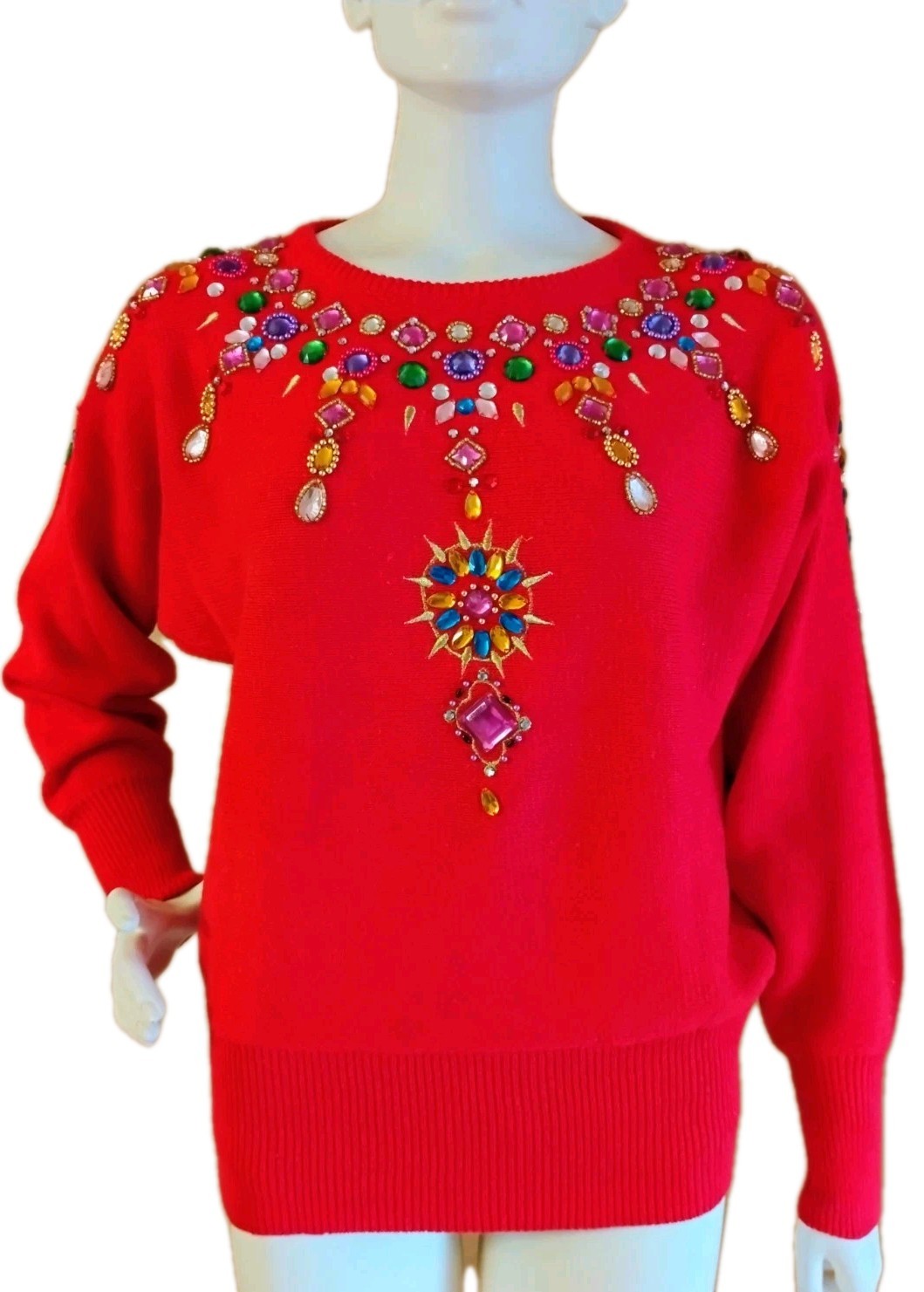 VTG 80’s „Maurada” Candy Apple RED Bejeweled & Beaded Sweater S