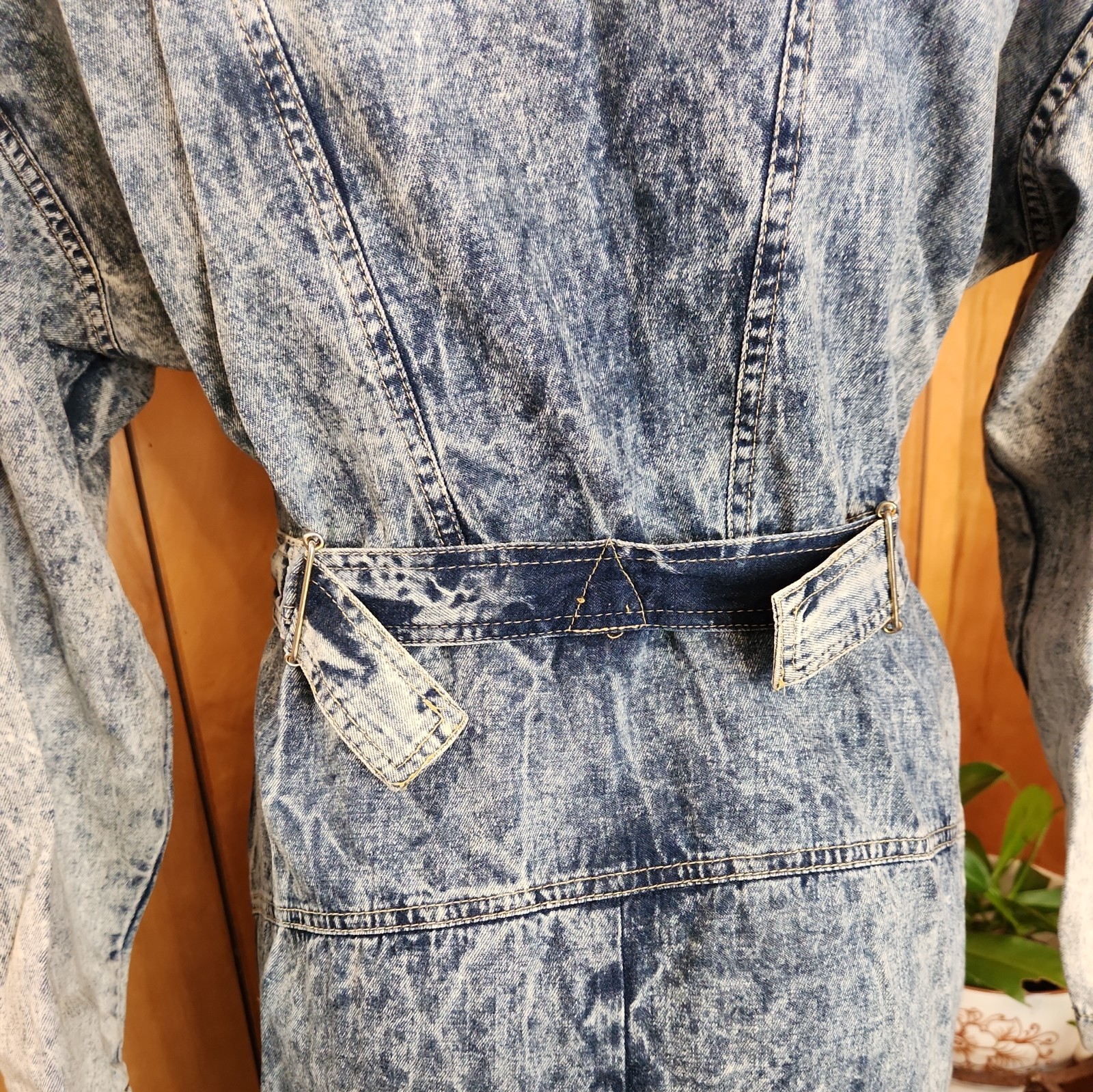 Vtg 80s ZIP UP ACID WASH LONG SLEEVE DENIM DRESS SIZE 3 Power Suit Hair Band