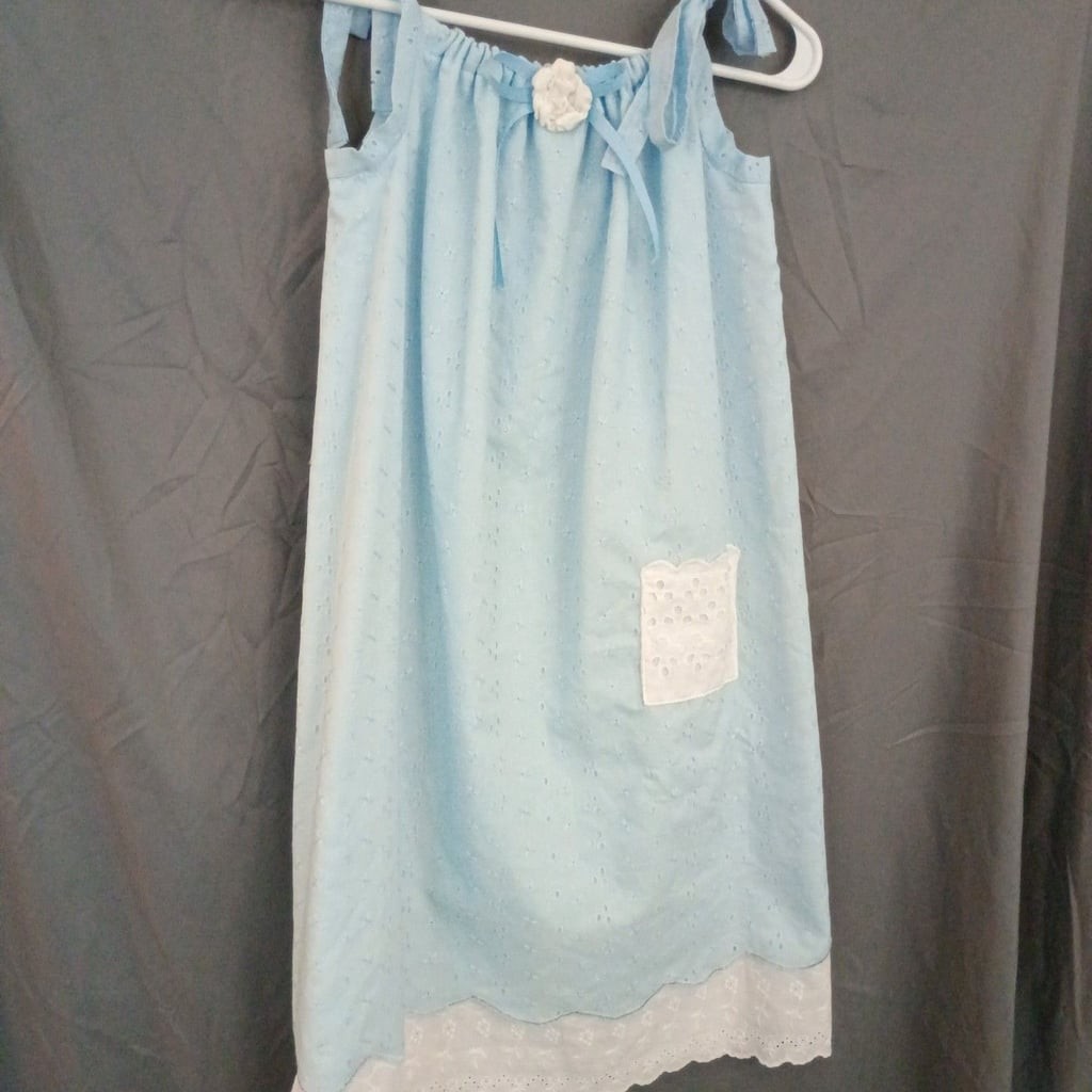 Vintage Light Blue Cottagecore Cotton Eyelet Nightgown with White Lace Trim and