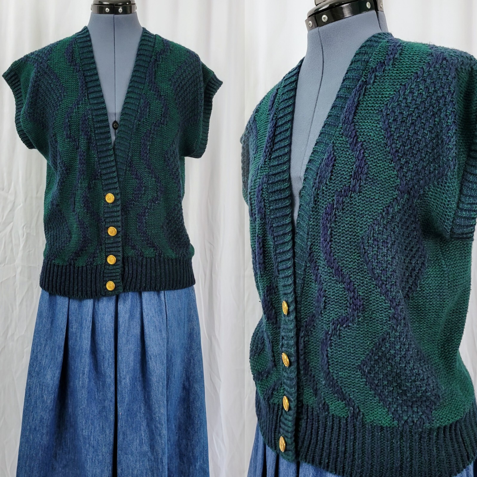 Vintage Forest Green & Navy Blue Oversized Sweater Vest w Gold Buttons Size M?