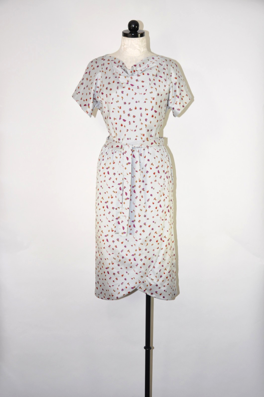 60s Vintage Silver Autumn Leaf Print Faux Wrap Cocktail Pencil Dress Women S M
