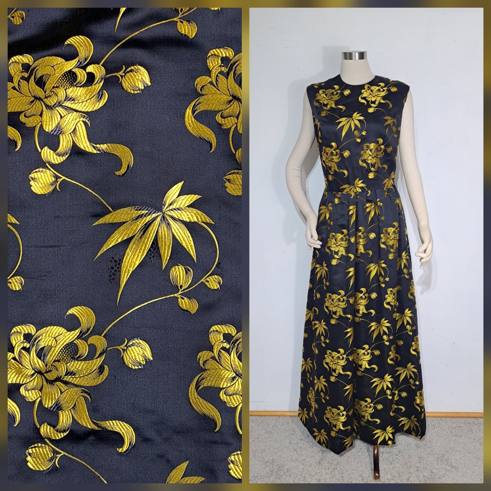 Vintage Black Gold Brocade Dress Sz L Tall Maxi Sheath Cheongsam