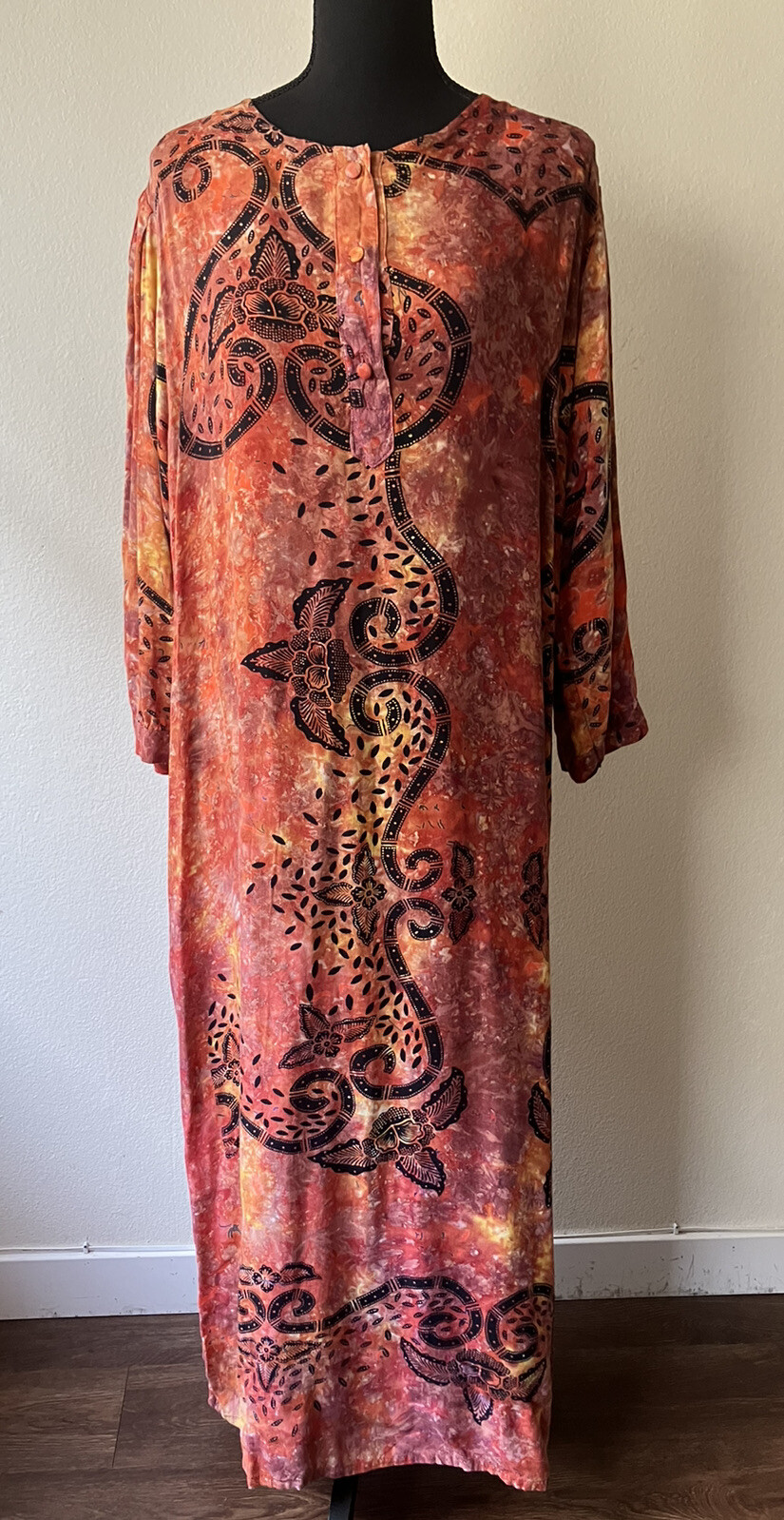 Vintage 70s Lady Cactus Batik Print Tie Dye Caftan/Maxi Dress Boho Festival L/XL