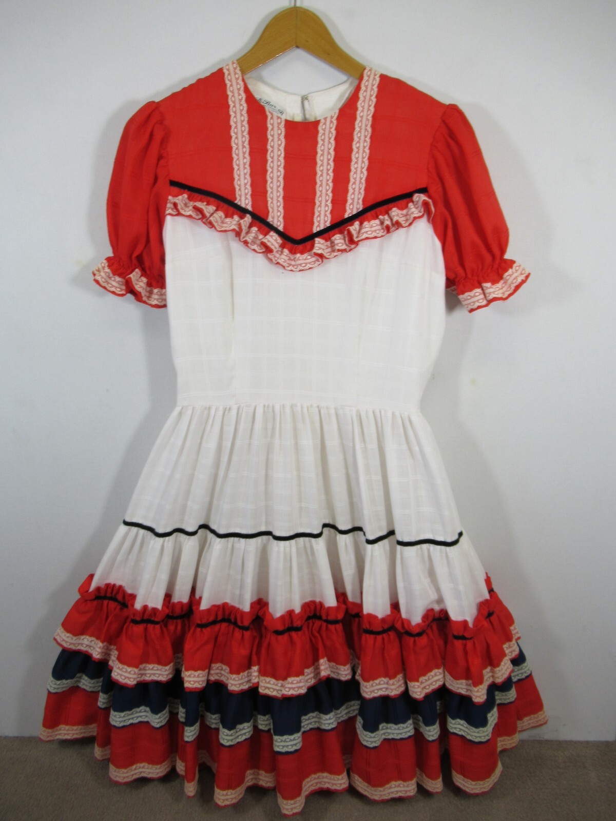 Vintage Full Circle Frilly Square Dance Dress Red White Blue Western Rockabilly
