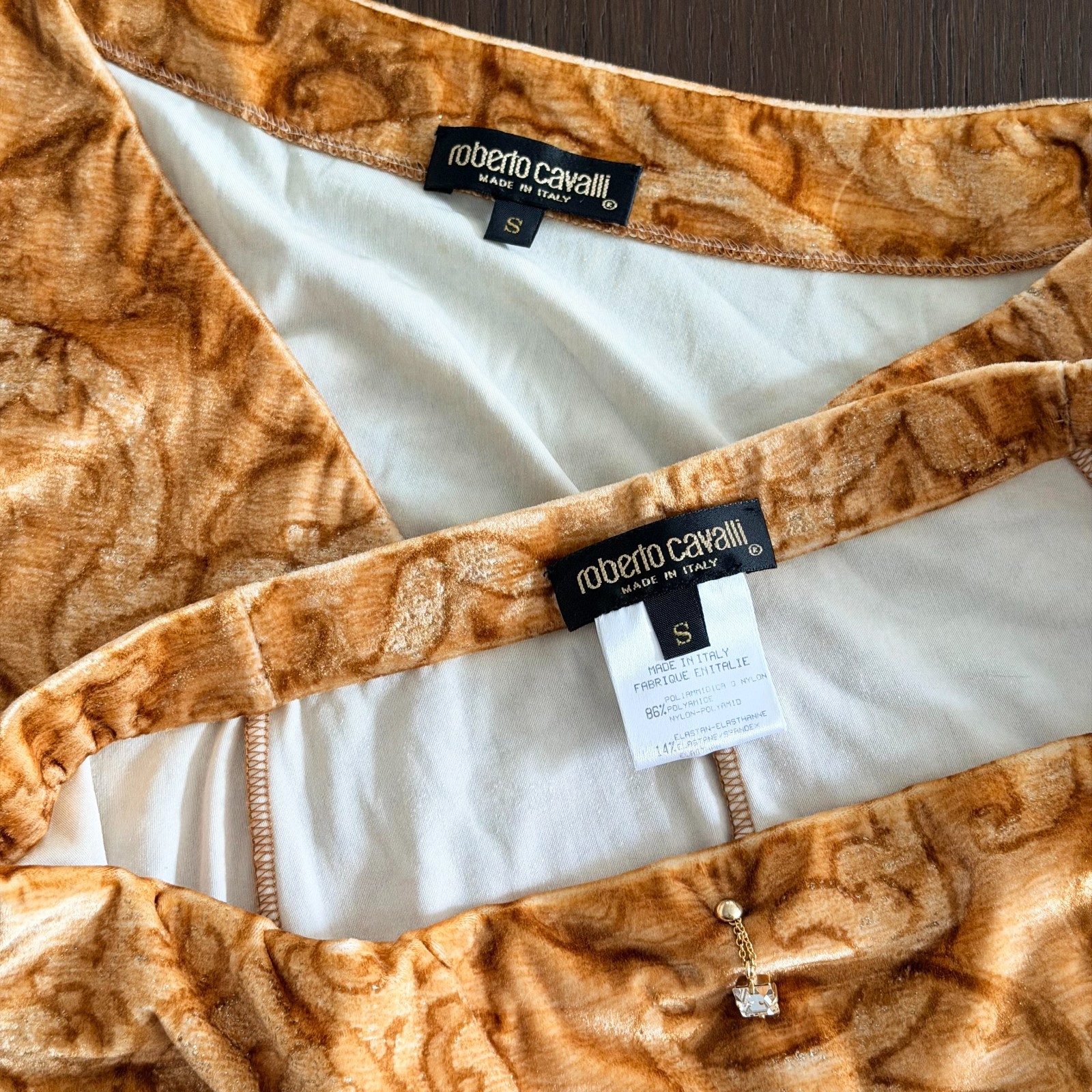 ROBERTO CAVALLI stretch velvet set top & skirt Baroque print from 1990s
