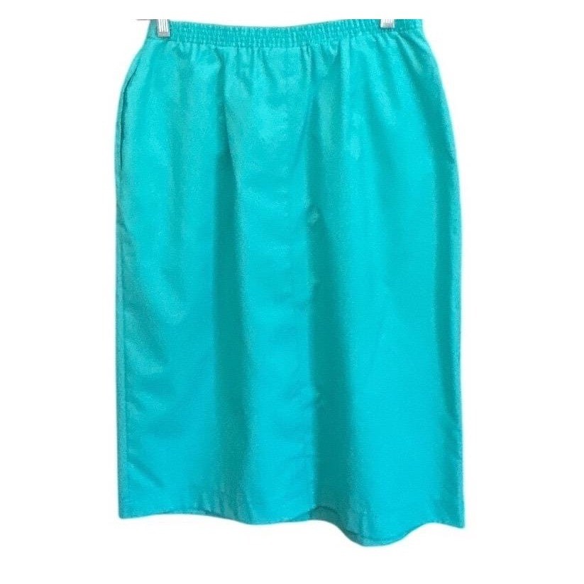 Vintage Tan Jay Teal Button Front Midi Skirt Retro Modest 80s 90s Made in USA 12