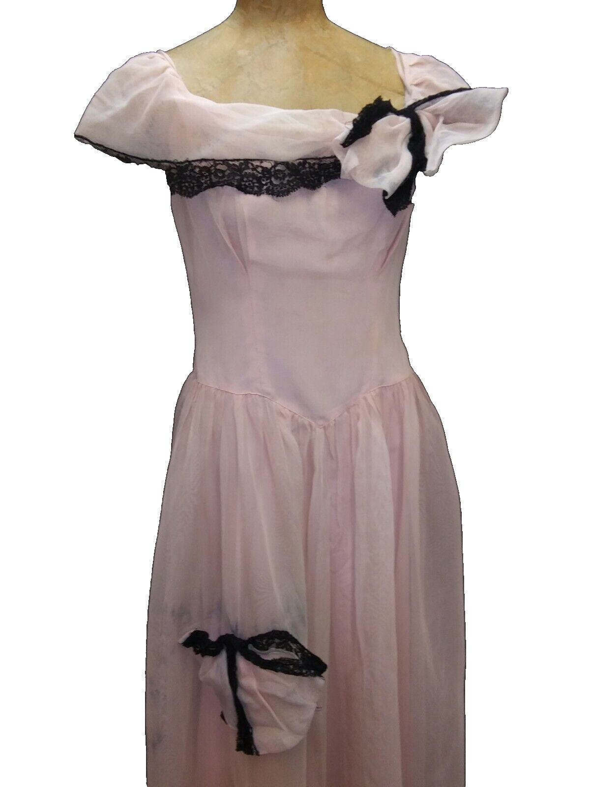 1950’s Pink Fine Mesh Acetate Black Lace Evening Gown by Beautime Medium As Is