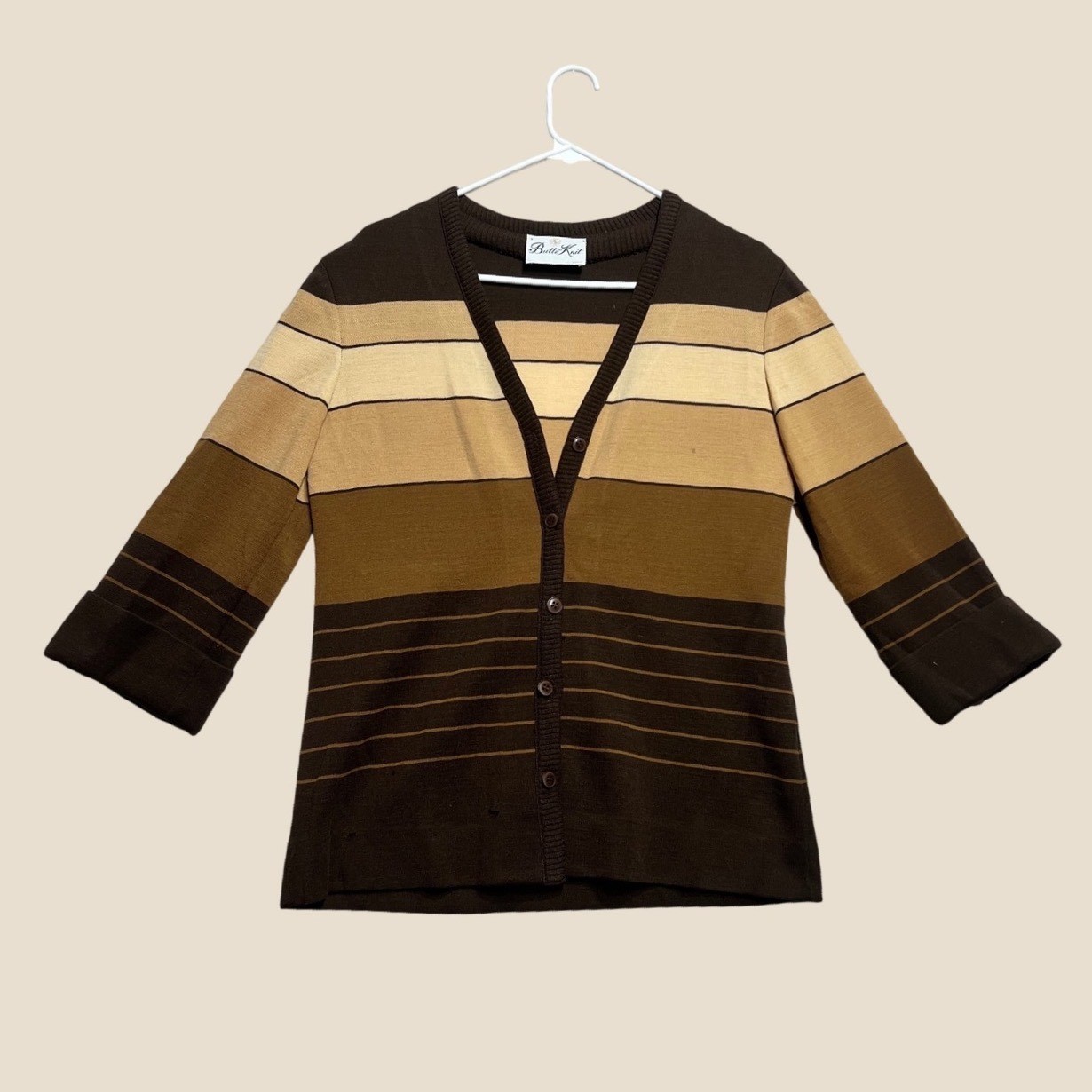 Vintage 70s Butte Knit Striped Cardigan Brown Tan V-Neck Sweater 3/4 Sleeve