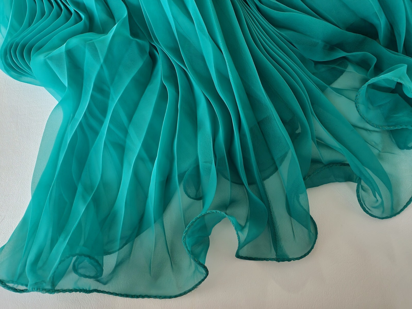 VTG 70s SHEER CHIFFON PLEATED DRESS GOWN Jade Green SIZE S/M Prom Wedding Formal