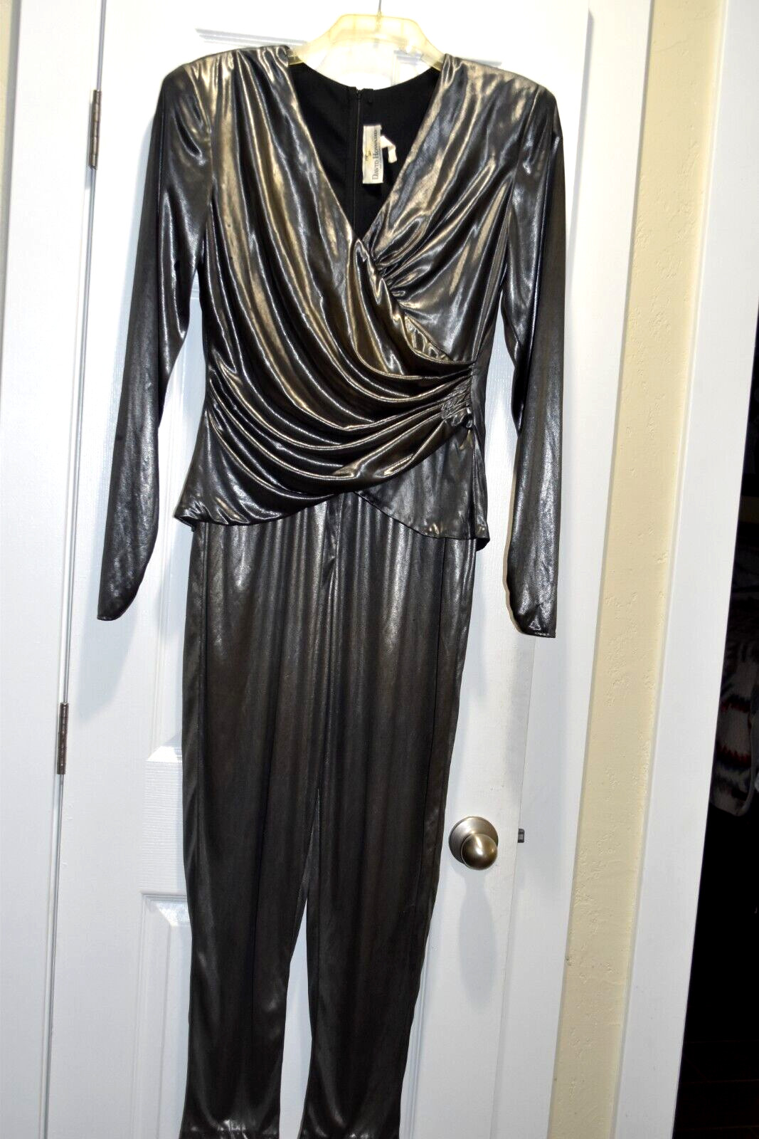 80s DISCO David Howard Silver Metallic Satin Jumpsuit One Piece Lounge petite 12