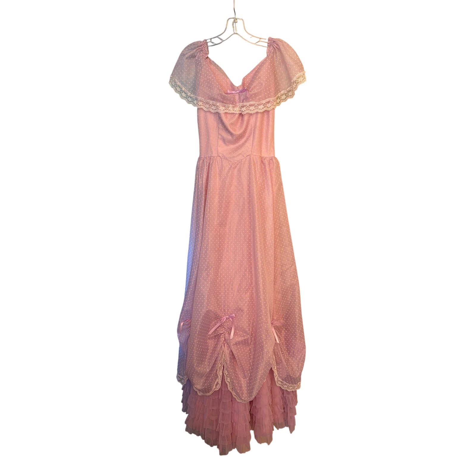 Vintage Gown Lavender Swiss Dot Lace Ruffle Off Shoulder Pick Up Skirt 5 USA