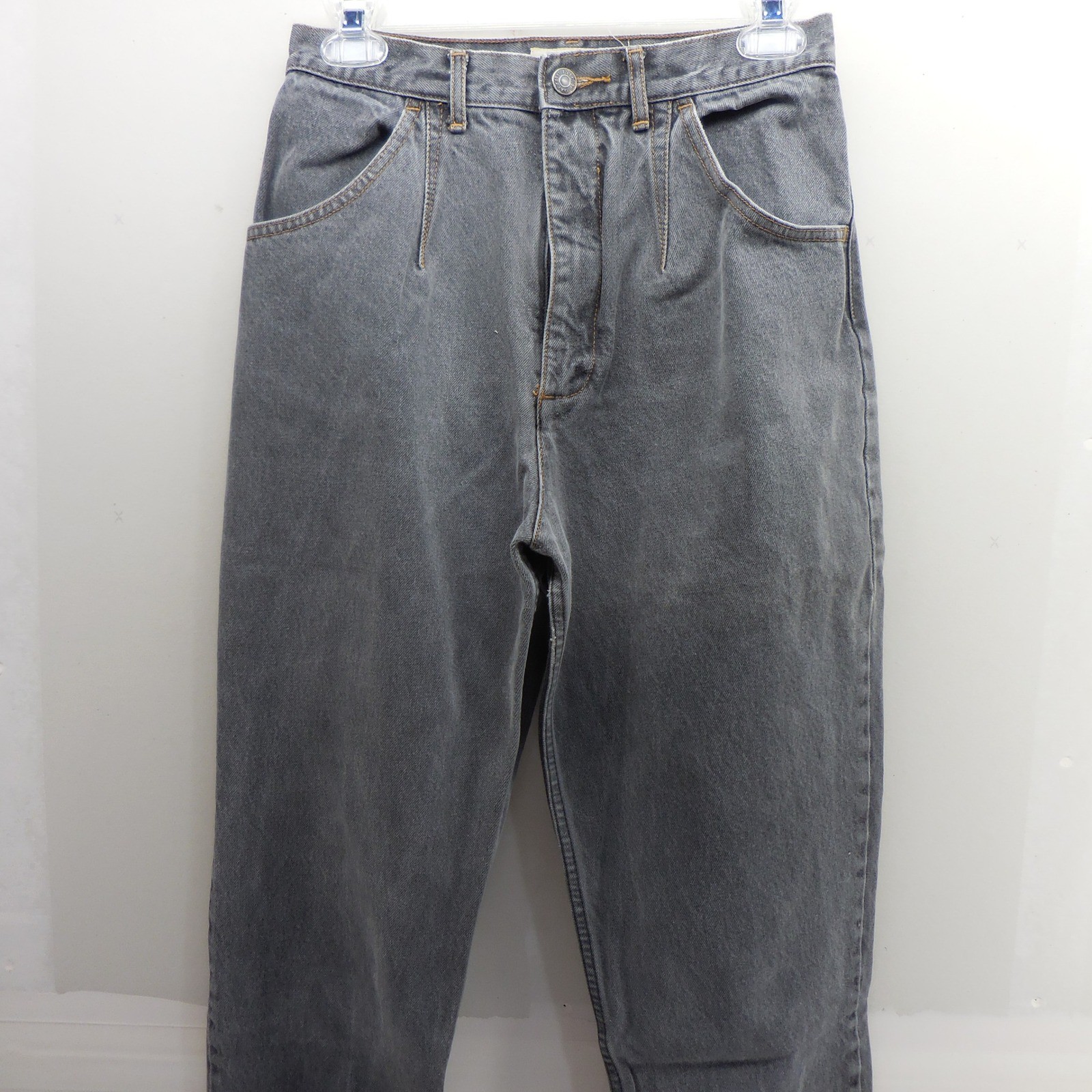 Vintage High Waisted Gray Tapered Leg Pleated Denim Mom Jeans 27×28 Zip Pocket