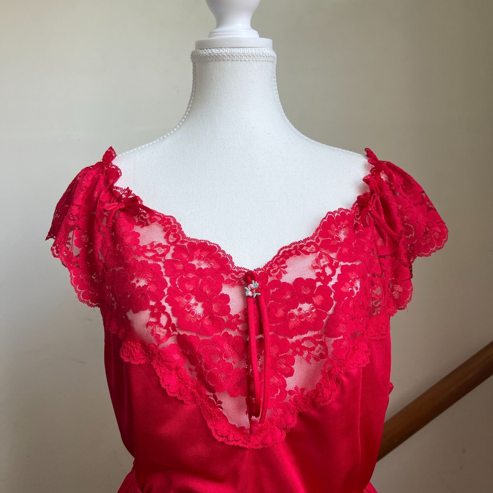 Vintage red satin lace bedroom set shorts top coquette chic 100% nylon medium