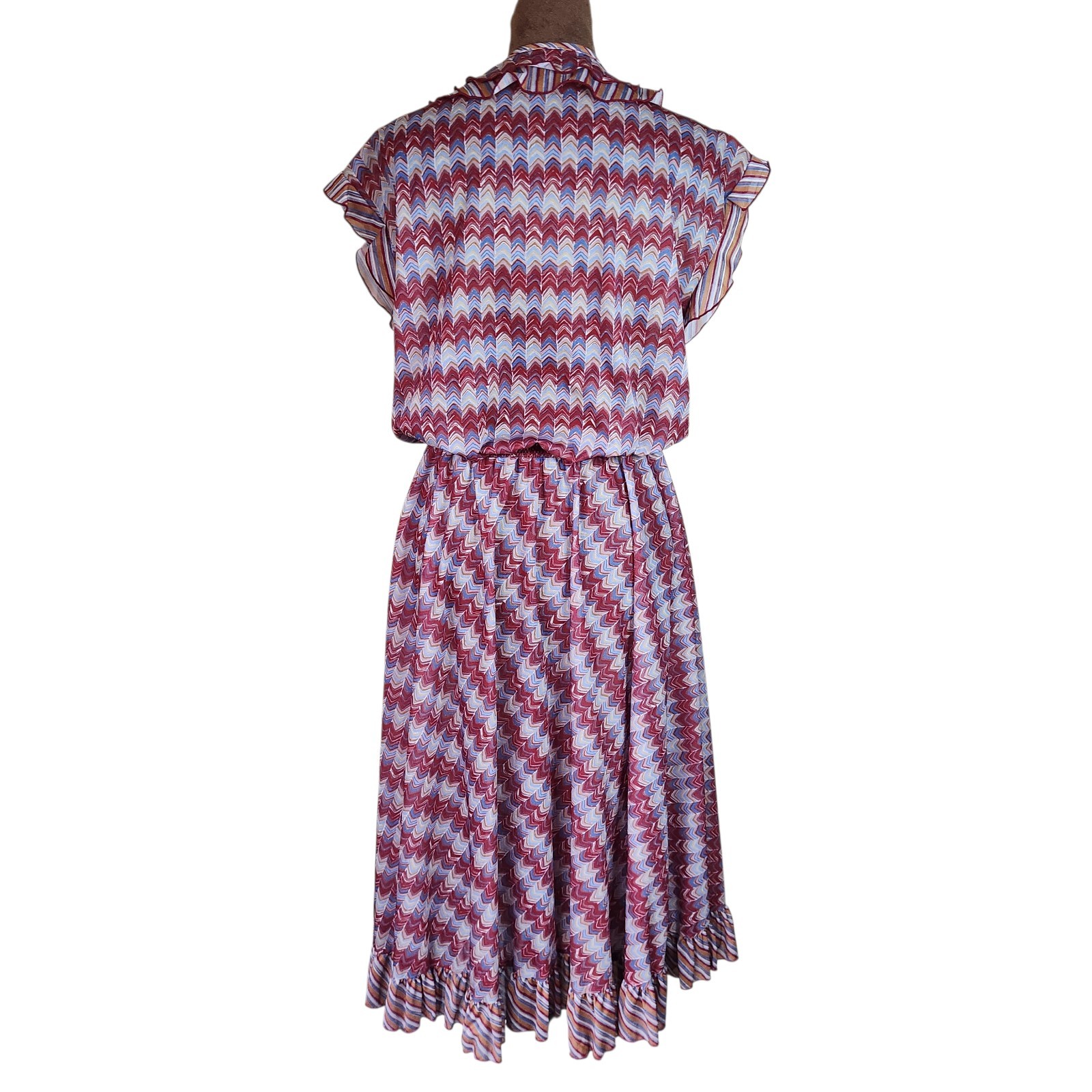 Vintage Strait Line Dress Rockabilly Chevron Striped Multicolor Sheer Ruffle