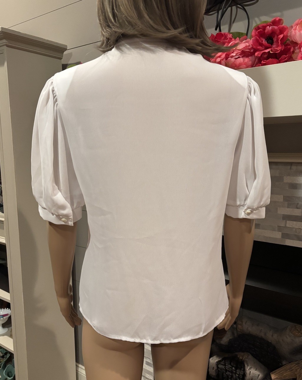 Vtg 50’s white sheer nylon chiffon embroidered secretary geek tailored blouse