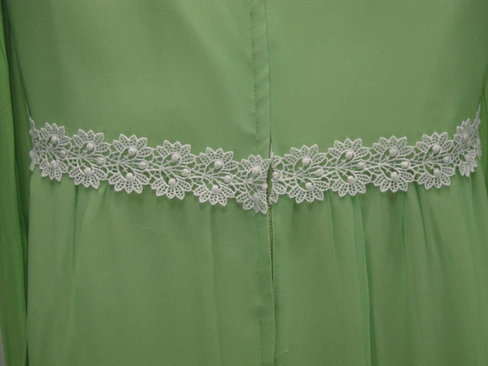 Vtg 60s 70s MOD Green MAXI PROM DRESS Chiffon BOHO Bishop Sleeves EMPIRE Sz 8