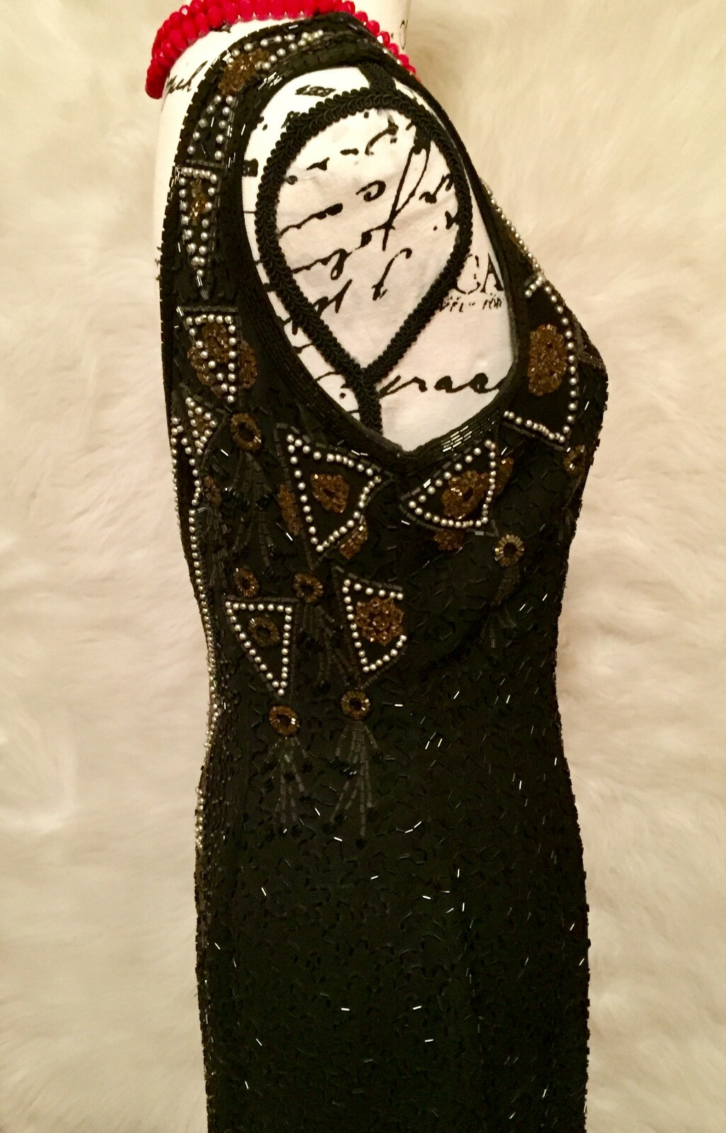 Vintage A.J. Black Formal Dress Gold and Silver Beaded Size 8 100% Wool