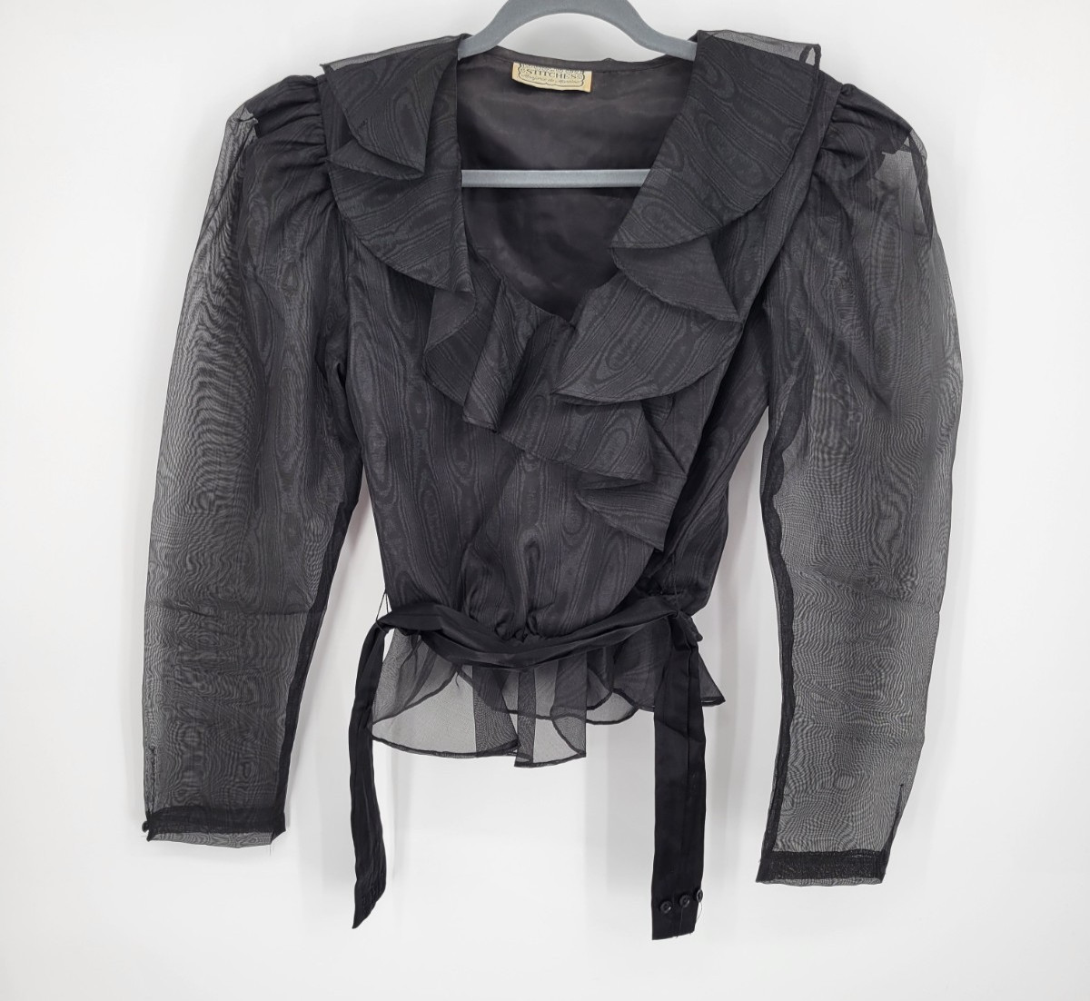 Vtg Stitches Womens Sz13 Boutique de Martini Black Sheer Ruffle Blouse