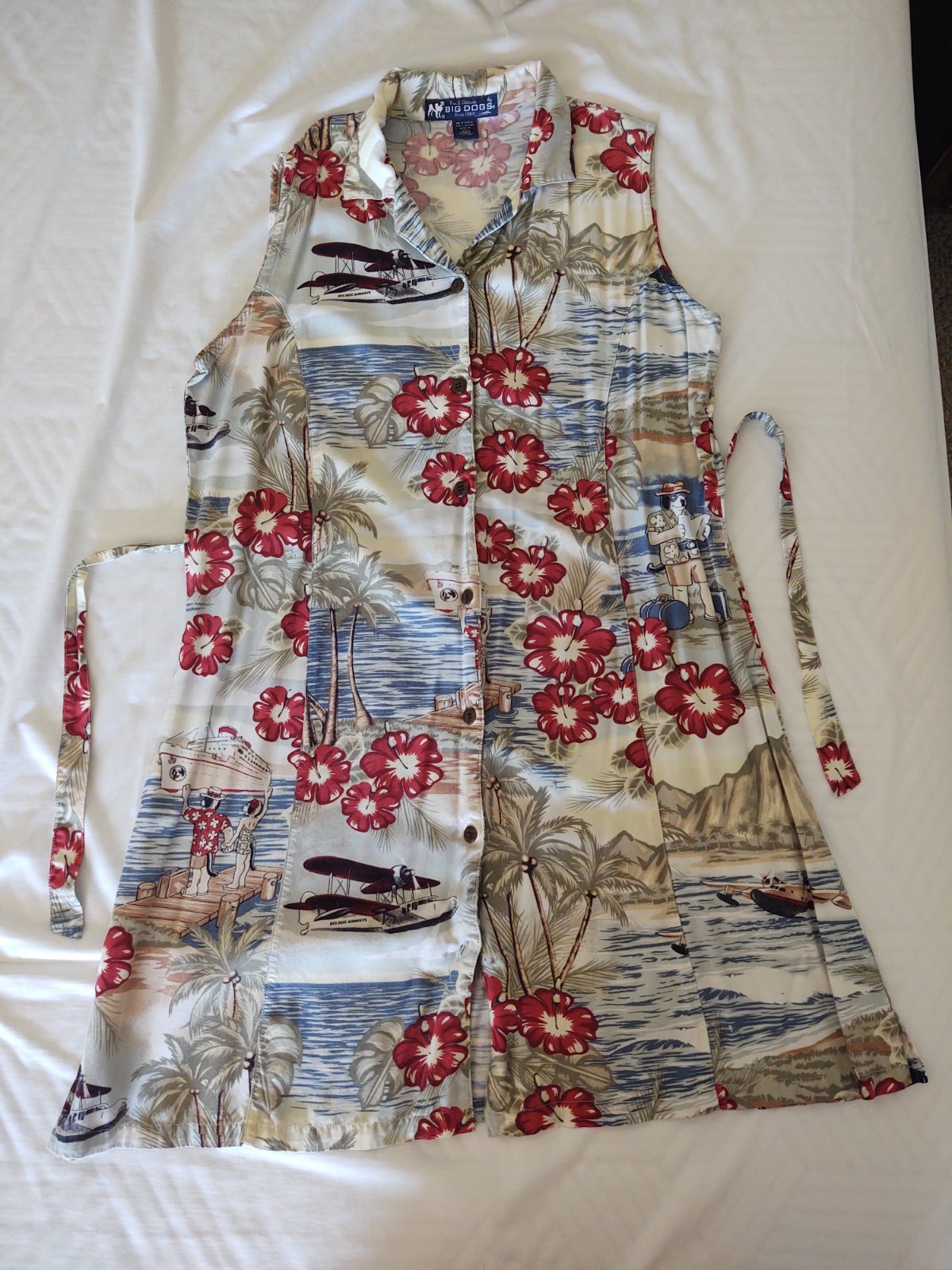 Vintage 1990’s Big Dogs Dress Button Front Tie-Back Floral & Travel Theme L