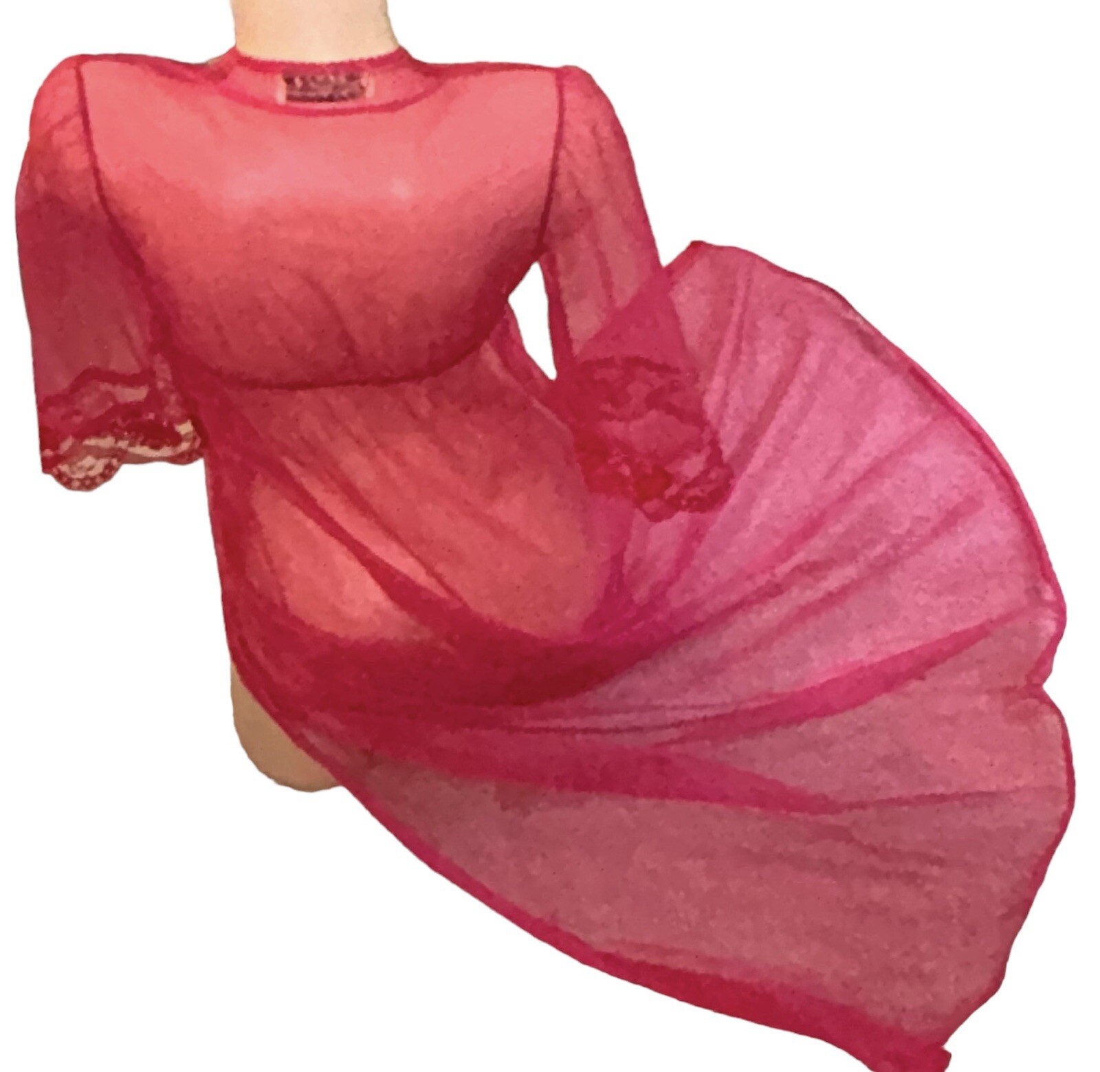 Taryn Alexander 1960’s Vintage Pink Chiffon Lace Peignoir Nylon Nightgown Robe S