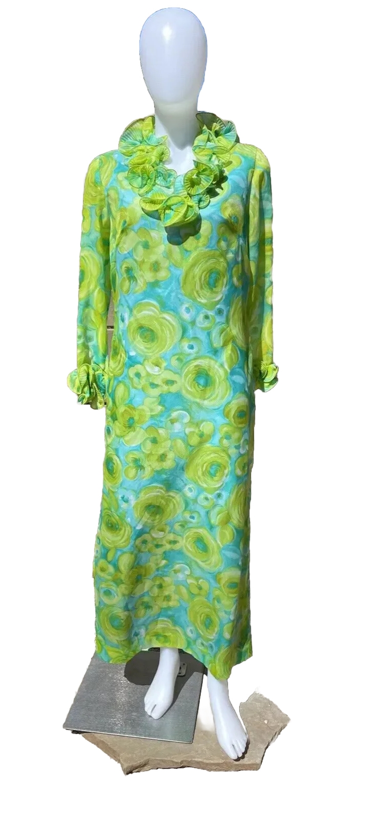VTG 70s Alice Of California Hostess Dress Maxi Ruffles Colorful ( READ FLAWS