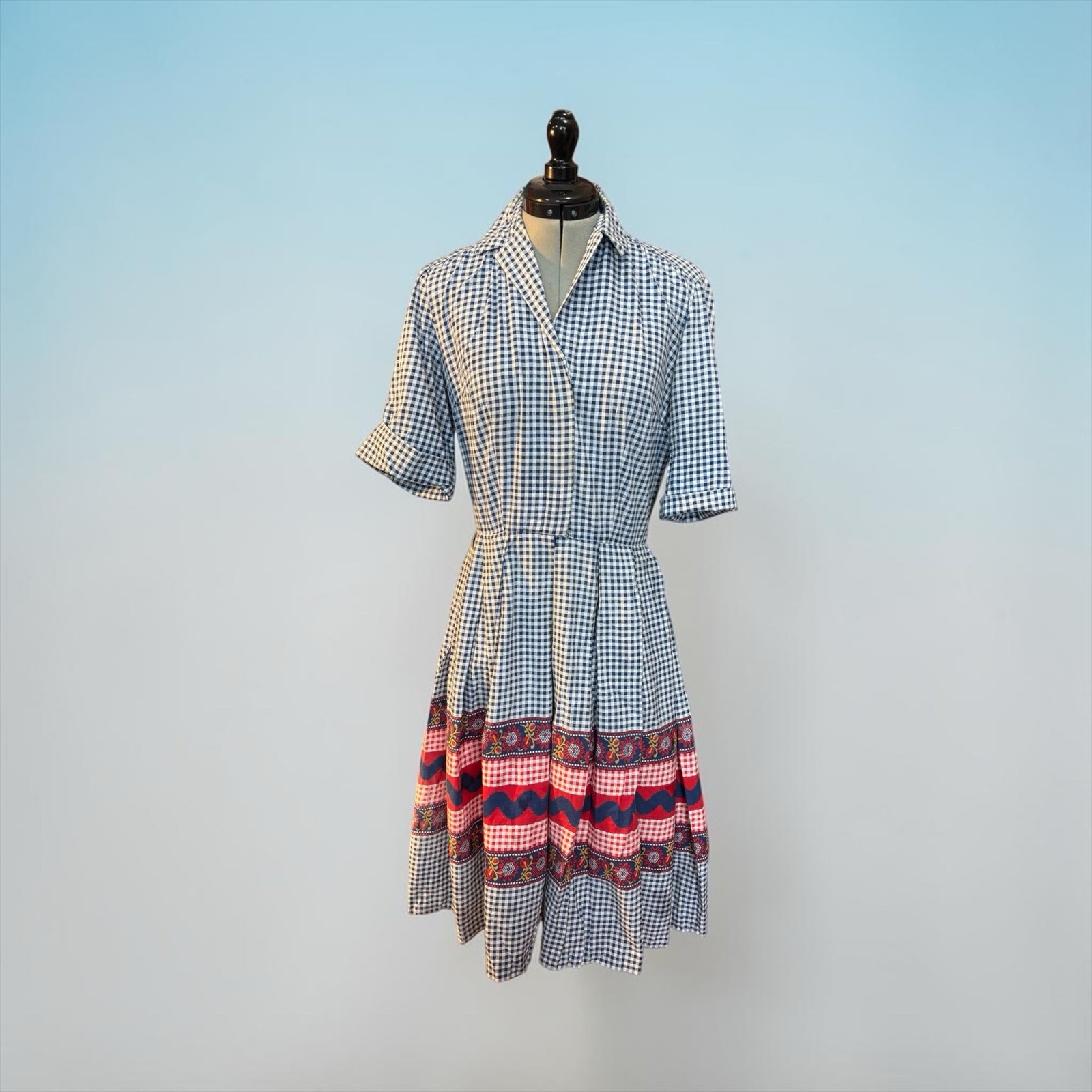 Gingham Shirtwaist Dress Red Border Prairie 70s Cottagecore Fit & Flare USA