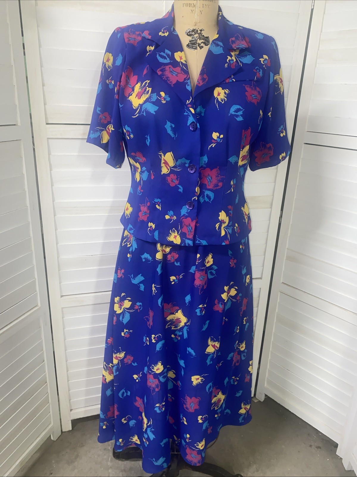 Vintage 80s JOHN RICHARD Dress Set Skirt Blouse Blue Floral Juniors 9/10 Medium