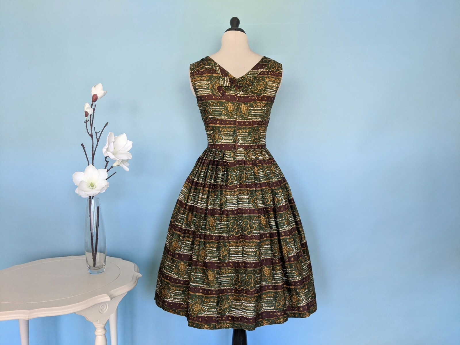 Vintage 50s Novelty Print Silk Day Dress, 1950s Striped Party Dress