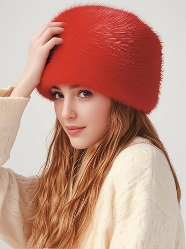 Lina & Lily Women’s Winter Cossack Hat Russian Style Long Pile Faux Fur Red