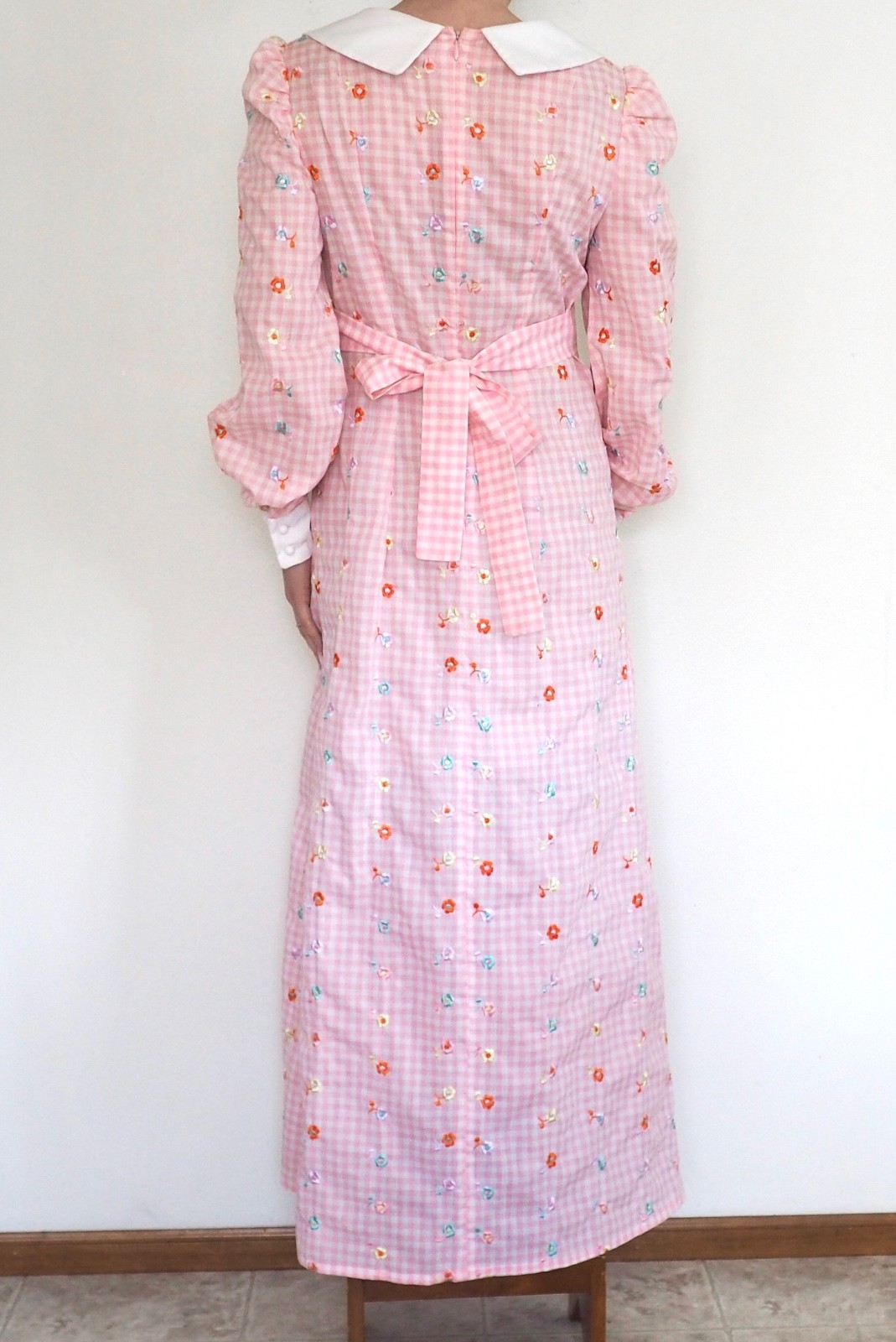 Vintage 70s Gingham Maxi Dress Empire Waist Gown Peter Pan Collar Pastel Kawaii