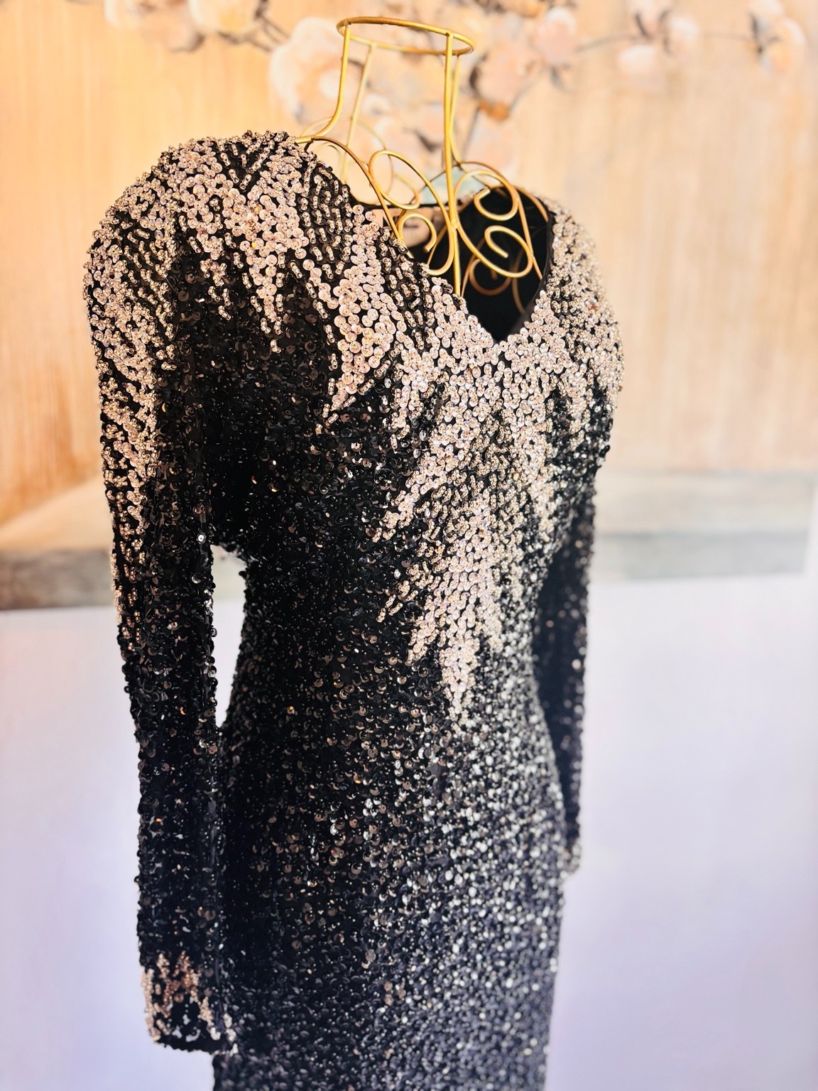 Vintage Nite Line Silk Beaded Sequin Dress Open Back Black Silver Glam M/L