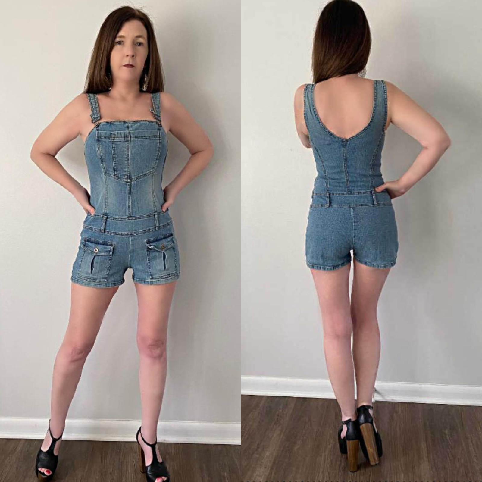 Sexy XS S Vtg 80s 90s Hot Kiss Denim Stretch Romper Playsuit Overalls Jumpsuit