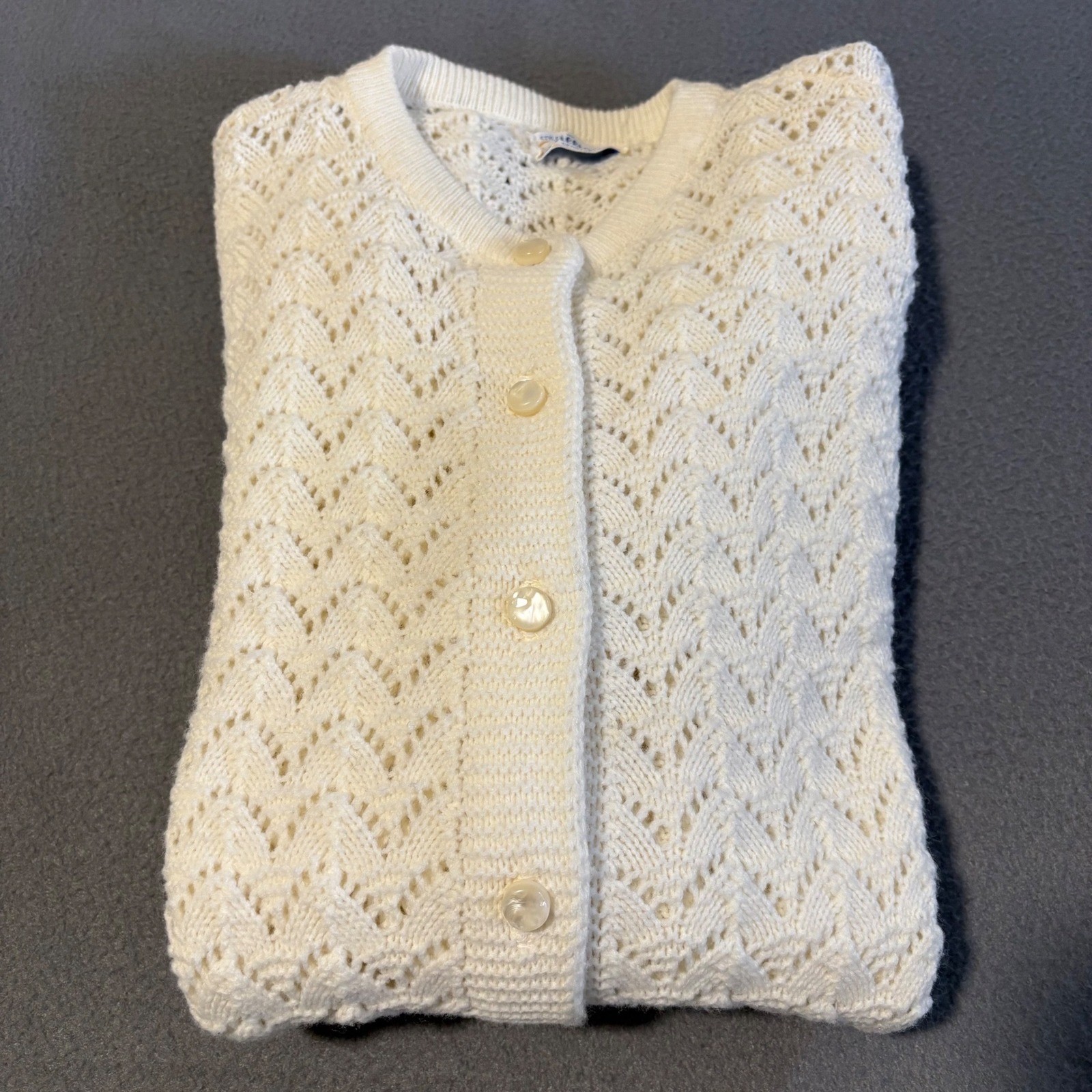 Vintage 60s Billie Jo Cardigan Sweater Women M Ivory Pointelle Knit Scallop USA