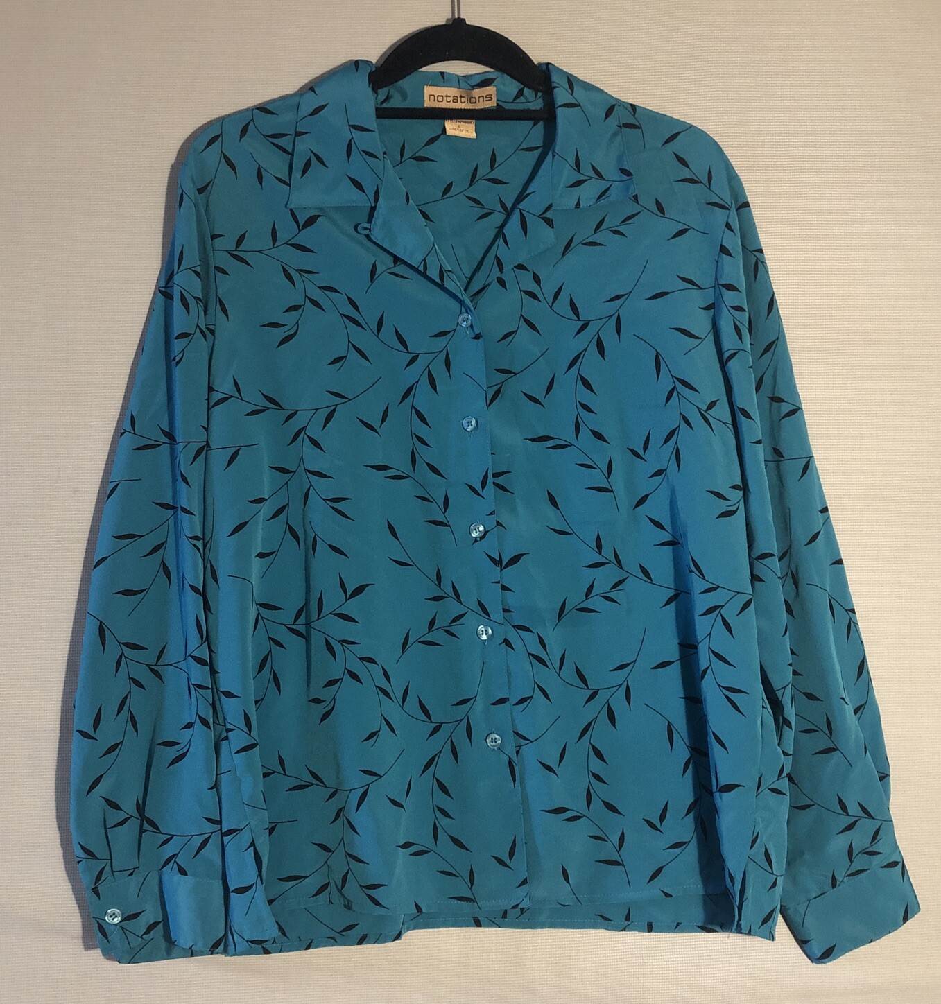 Vtg Notations L Silky Lightweight Turquoise Blue Relaxed Button Up Black Print