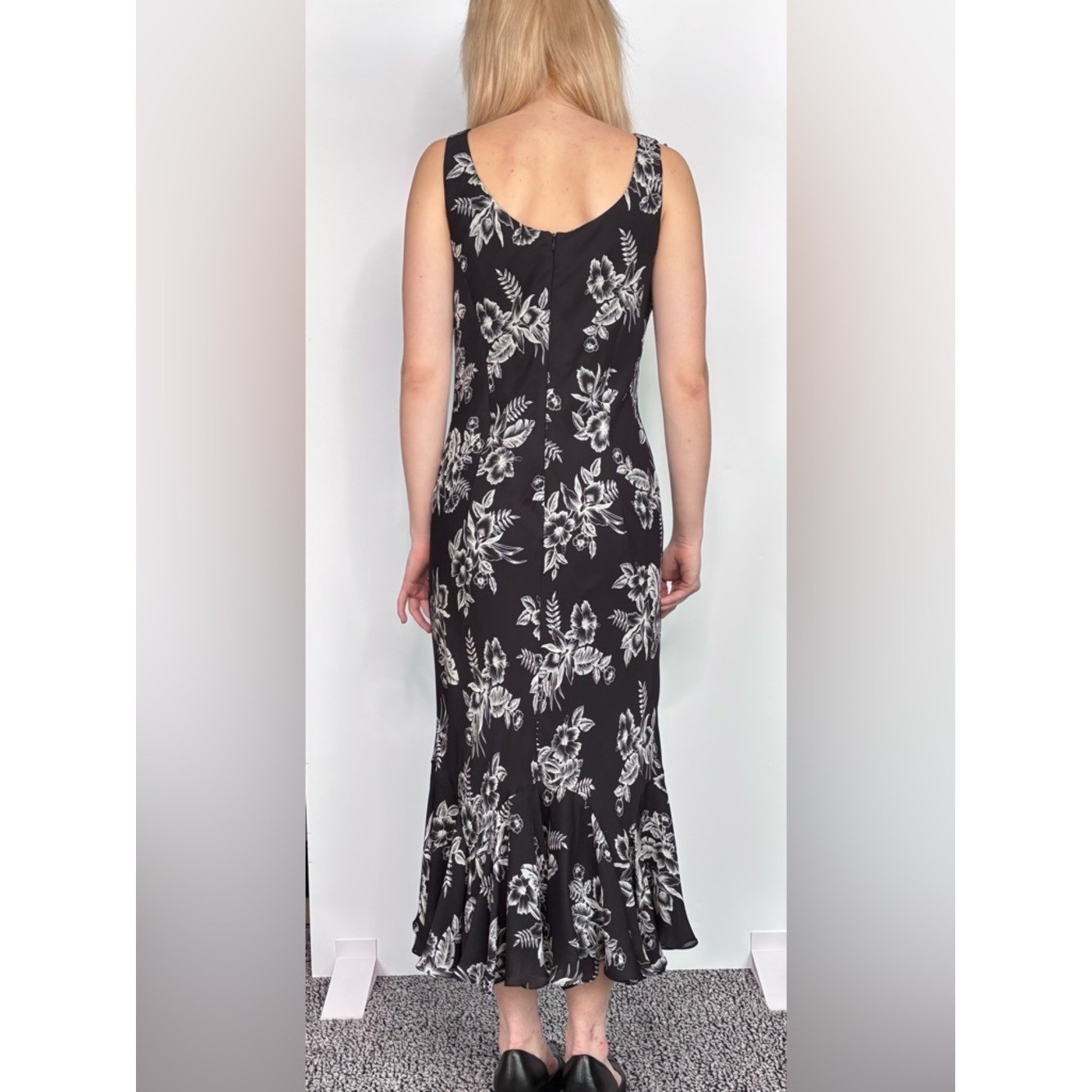 Y2K Silk Vintage Jones New York Signature Black & White Floral Midi Dress L