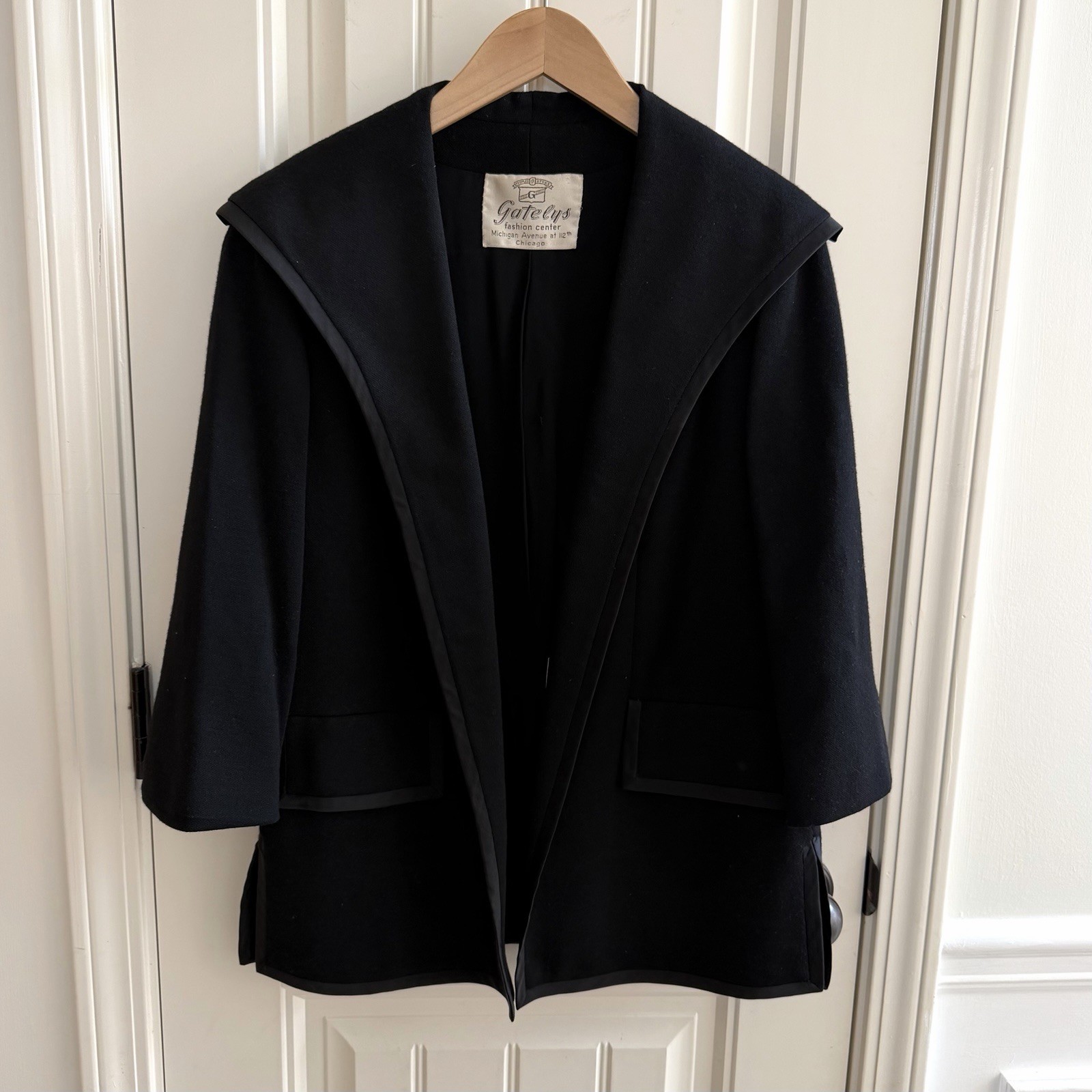 Vintage 1960’s Gately’s 100% Wool Double Knit Open Cardigan With Satin Trim