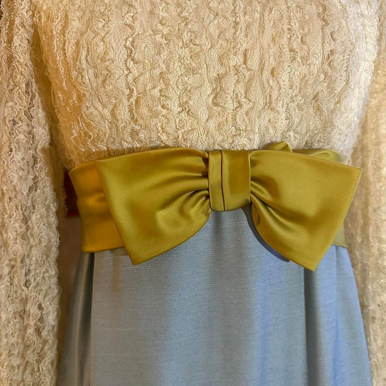60s Lace Blue, Chartreuse w/ Creme Empire Waist w/Satin Bow Belted Prairie Dress