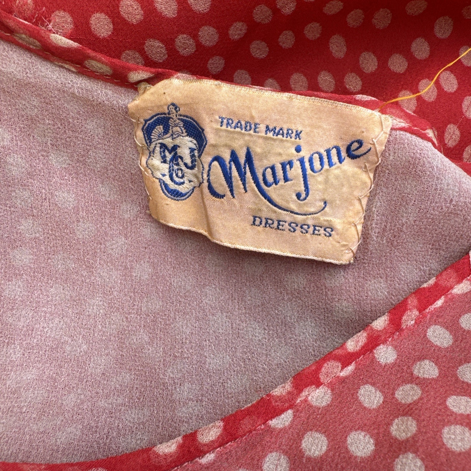 Antique 1920s Red Silk Chiffon Dress Polka Dot Asymmetrical Bow Marjone Vintage