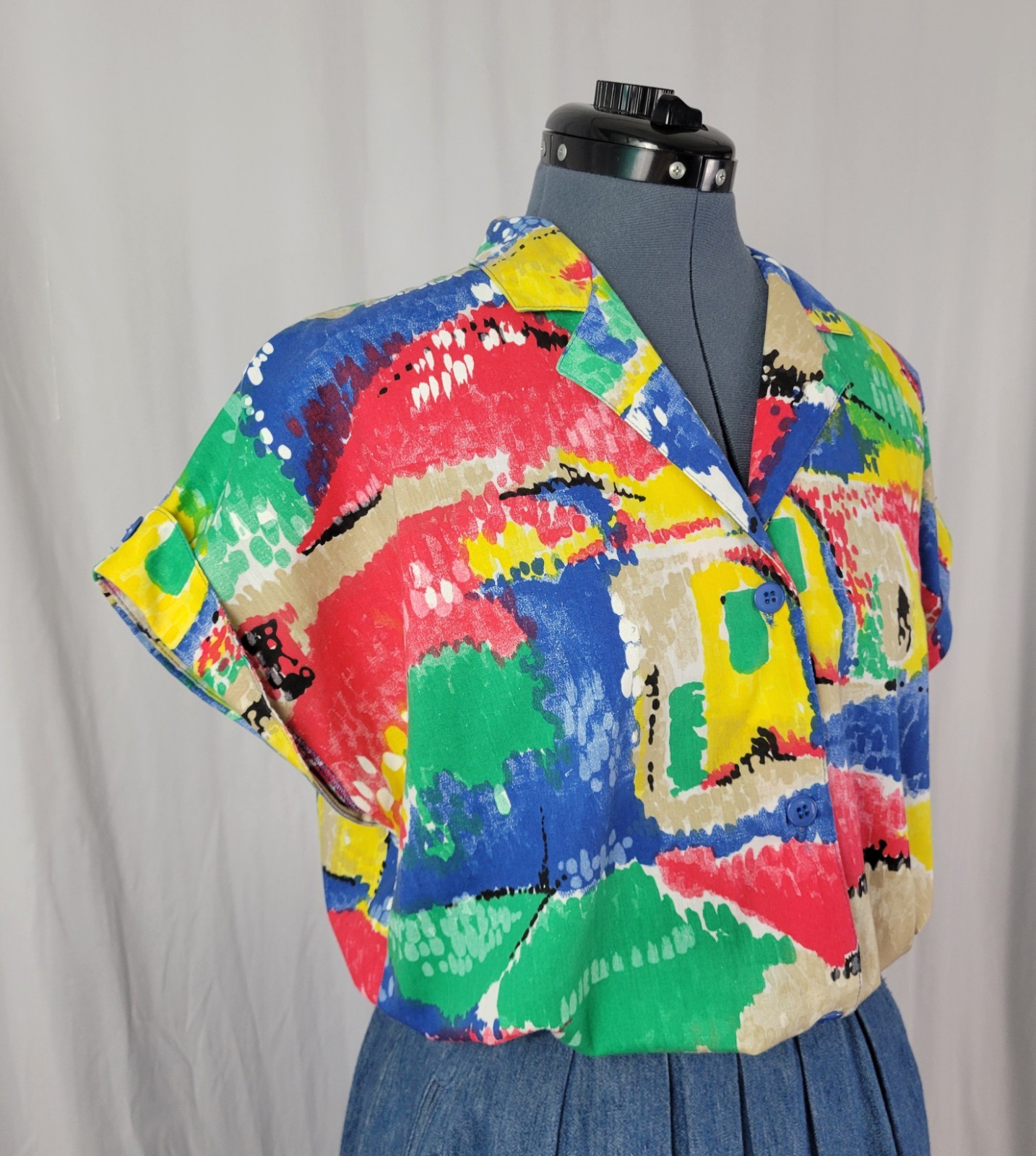 Vintage Ecco Bay Red/Yellow/Green/Blue/Tan S/S Button Down Top Size Med