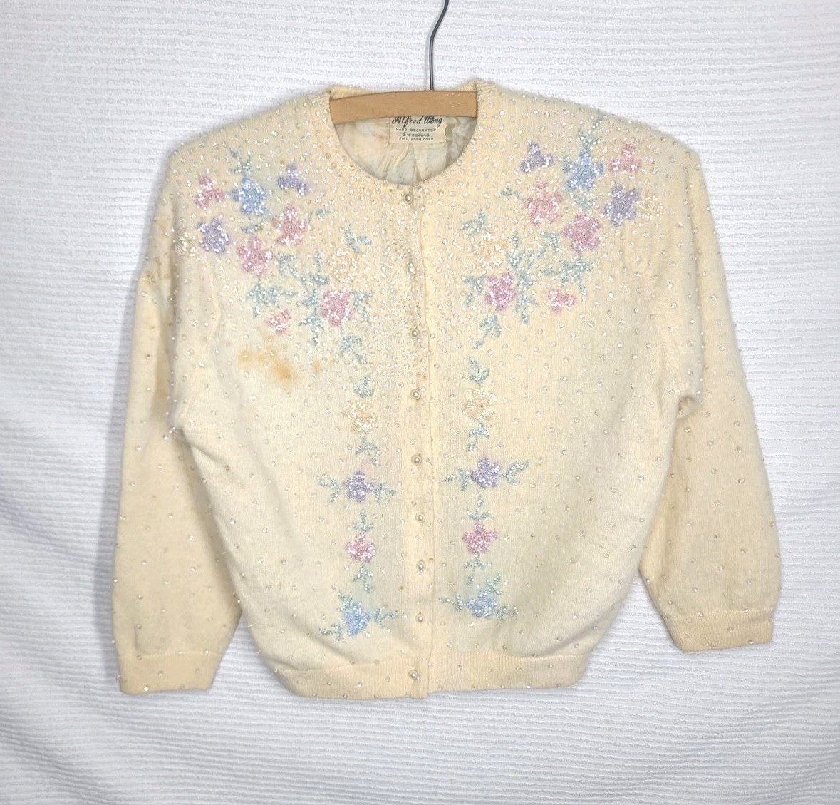 1950s Beaded Cashmere Cardigan Silk Lined Cut Glass Alfred Wong Small Vintage